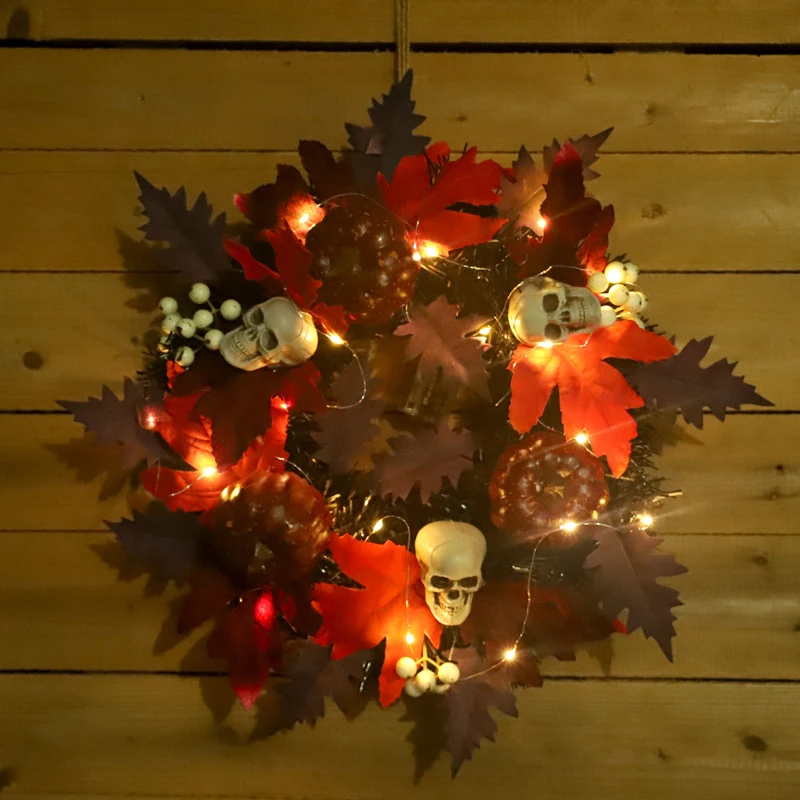 

1pc Halloween Skull Pumpkin Wreath PVC simulation Maple Leaf Decorative Garlands With Lights Front Door Wreaths Party Decor