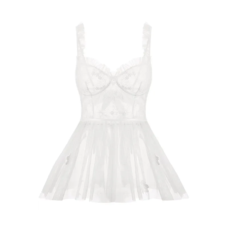 

SIDDONS Sexy Mesh Lace Embroidery Women Nightgowns Sets Perspective Sleepwear Sleeveless Sleepdress Mini Nightdress Homewear Set