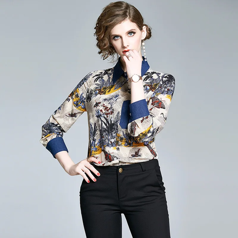 

Autumn Floral Shirts Women Vintage Ancient Ways Printed Shirt Long Sleeve Blouse Button Elegant Tops Pockets Lady Luxury Shirts