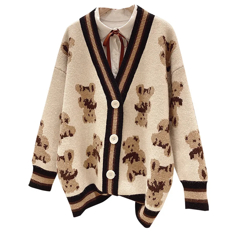 

Cardigan For Women Fashion Little Bear Embroidery Cardigan Long Sleeve Single Breasted Contrast Color Button Knitted Sweaters