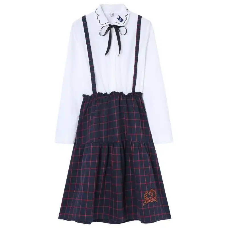 

Japanese Preppy Style Women Cute Kawaii Dress Spring Autumn Turn-Down Collar Anime Embroidery Dress Elegant Plaid Ribbon Dress