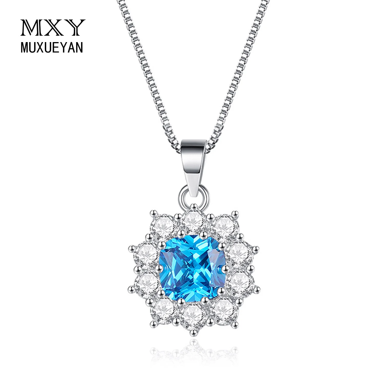

MUXUEYAN Flower Pendant Necklace For Woman Blue Zircon Pure Fine Jewelry Luxury Suitable For All Ages Minimalist