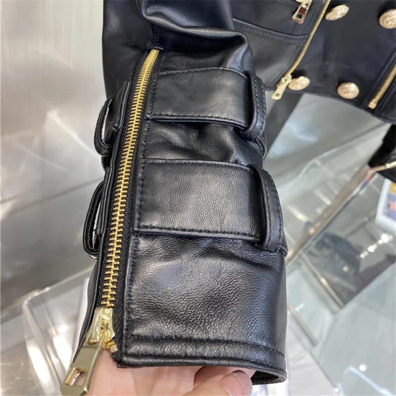 Brand Design Women Autumn Black Genuine Leather Jackets Zipper Basic Coat Double Breasted Sheepskin Motor Biker Jacket With Belt