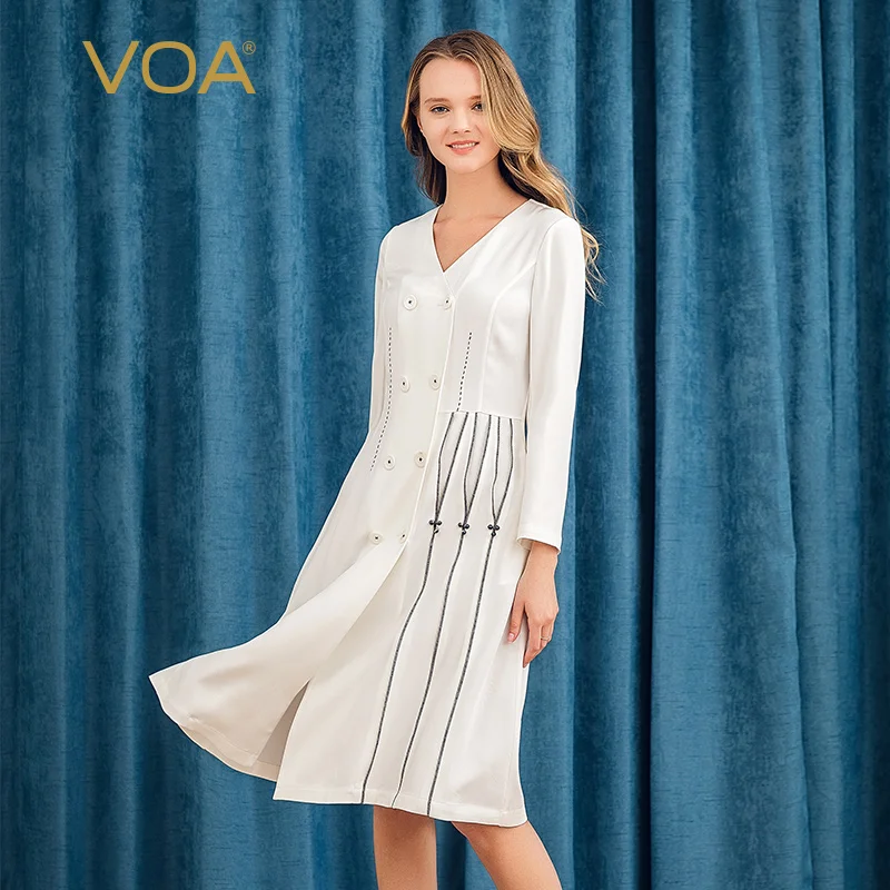 VOA Meter белые тяжелые шелковые платья с длинным рукавом двубортное микро
