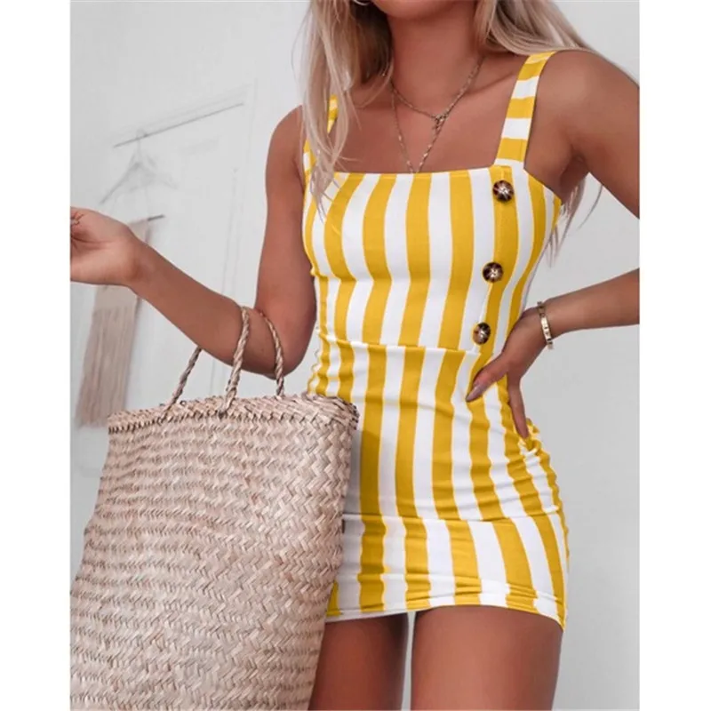 

2021 New Sexy Striped Pencil Skirt Summer Backless Button Decoration Sleeveless Slim Bag Hip Mini Elegant Casual Female Dress