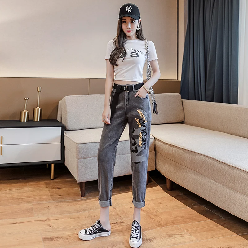 

TongSiHai Stretch Jeans for Women Ladies High Waist Straight Slim Fit Letter Printing Denim Pants Girls Students Vaqueros Mujer