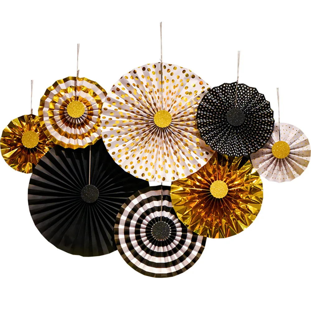 Black Goden 8pcs DIY Paper Crafts Paper Fans Black Goden Wedding Party Birthday Festival Decor Photo Backdrop Hanging Flower Paper Fan - Цвет: Black Goden