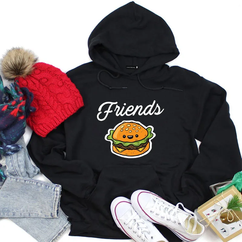 Модные толстовки Best Friends, осенне-зимние женские толстовки с капюшоном и длинным рукавом, женские пуловеры с принтом гамбургера и молока