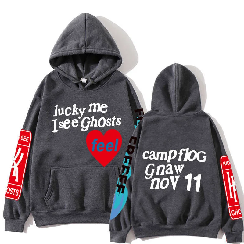 Hip Hop Graffiti Letter Printed Hoodies Lucky Me I See Ghosts Mens Cool Hooded Harajuku Fleece Streetwear Drop Sweatshirts 2021 images - 6