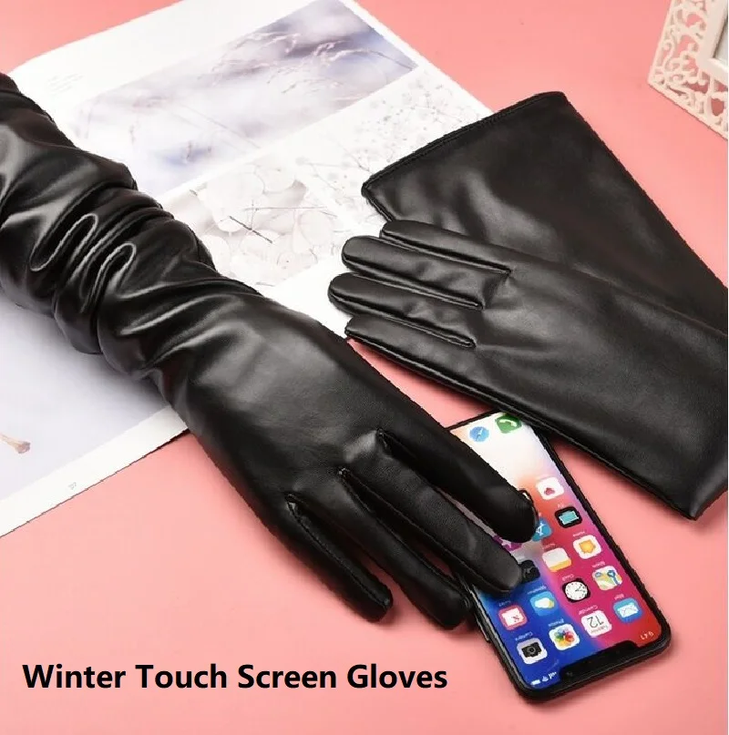 Зимние женские плюшевые перчатки для сенсорного экрана длинные кожаные перчатки для женщин 2021 зимние кожаные черные перчатки