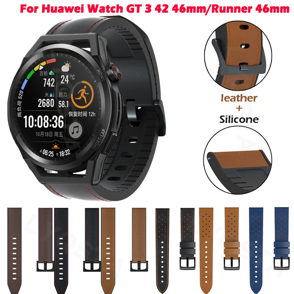 

Leather Silicone Watchband For Huawei Watch GT 3/GT3 42mm 46mm Sport Wristband Bracelet Strap For Watch GT Runner 46mm Band