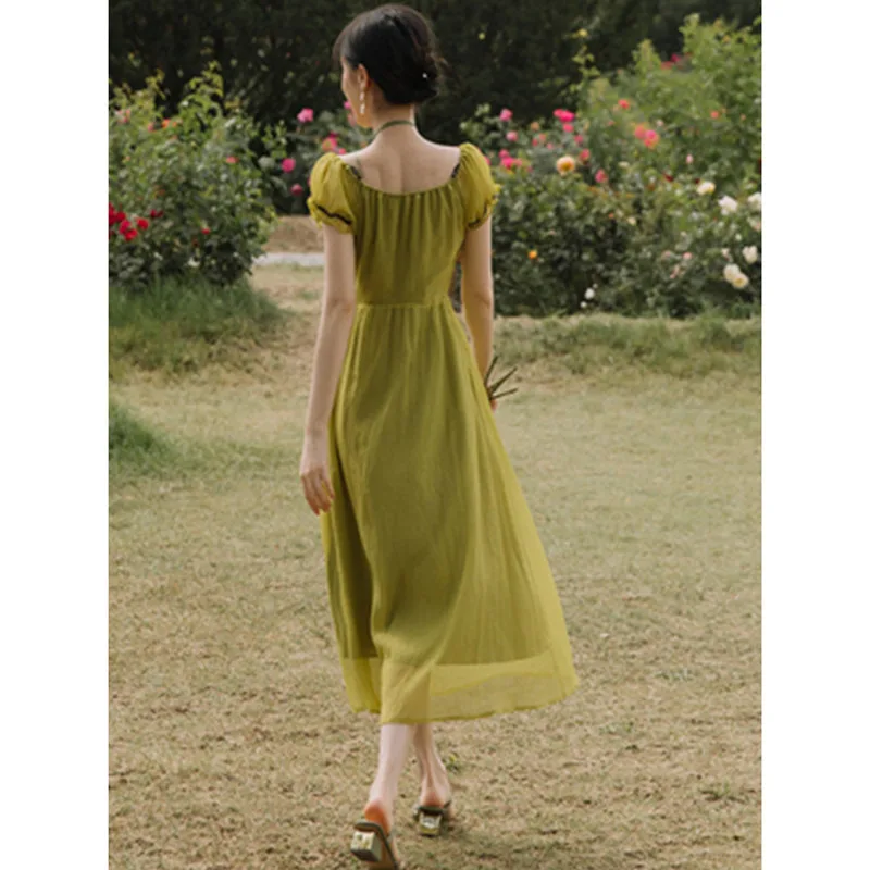 

Summer Green Chiffon Dress High End Party Dress Vestidos Elegant V Neck Puff Sleeve Pleated Dress Women Fashion