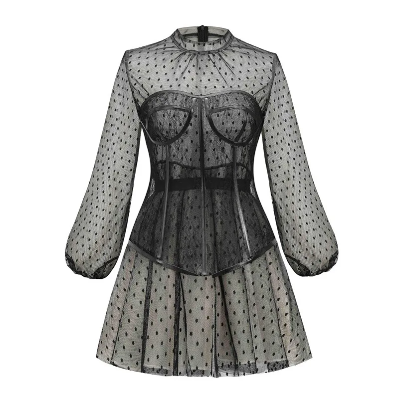 

Hot selling women's dress wave point waist wipe bra Lantern Sleeve two piece dress