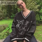 Женский шерстяной пуловер Jane Deiune, повседневный жаккардовый Свитер оверсайз с V-образным вырезом и длинными рукавами для весны, 2021