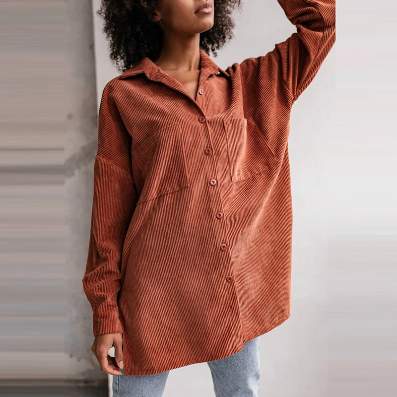 

2021 Spring Autumn New Corduroy Women Cardigan Lapel Fashion Blouses Casual Long Sleeves Buttons Elegant Office Lady Party Shirt