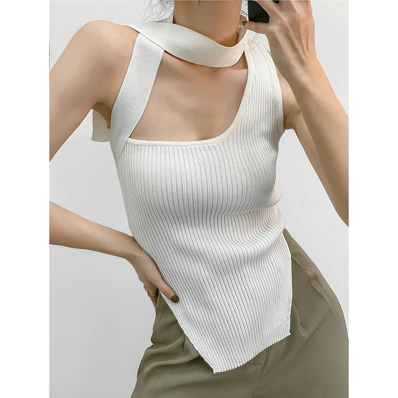 

New Sale 2021 Women Halter Tank Tops, Sleeveless Solid Color Irregular Hem Ribbed Knit T Shirts Women Casual Hollow Out