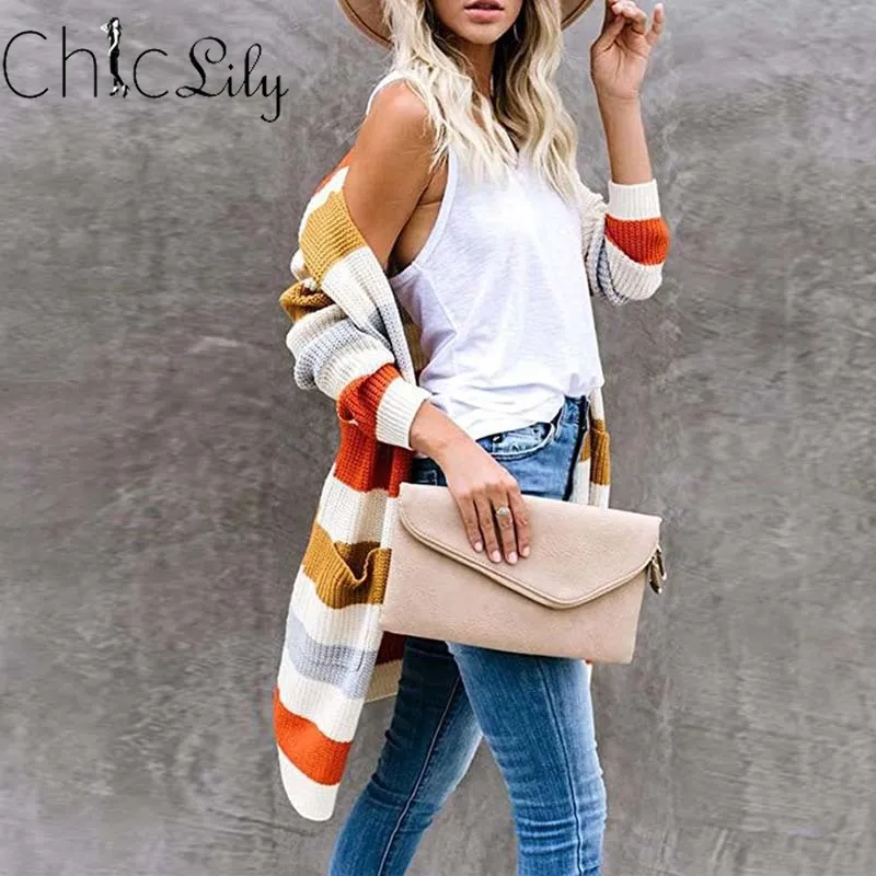 

Chiclily Stripe Stitching Sweater Long Cardigan Women Long Sleeve Contrast Color Knitted Cardigan with Pocket Street Style