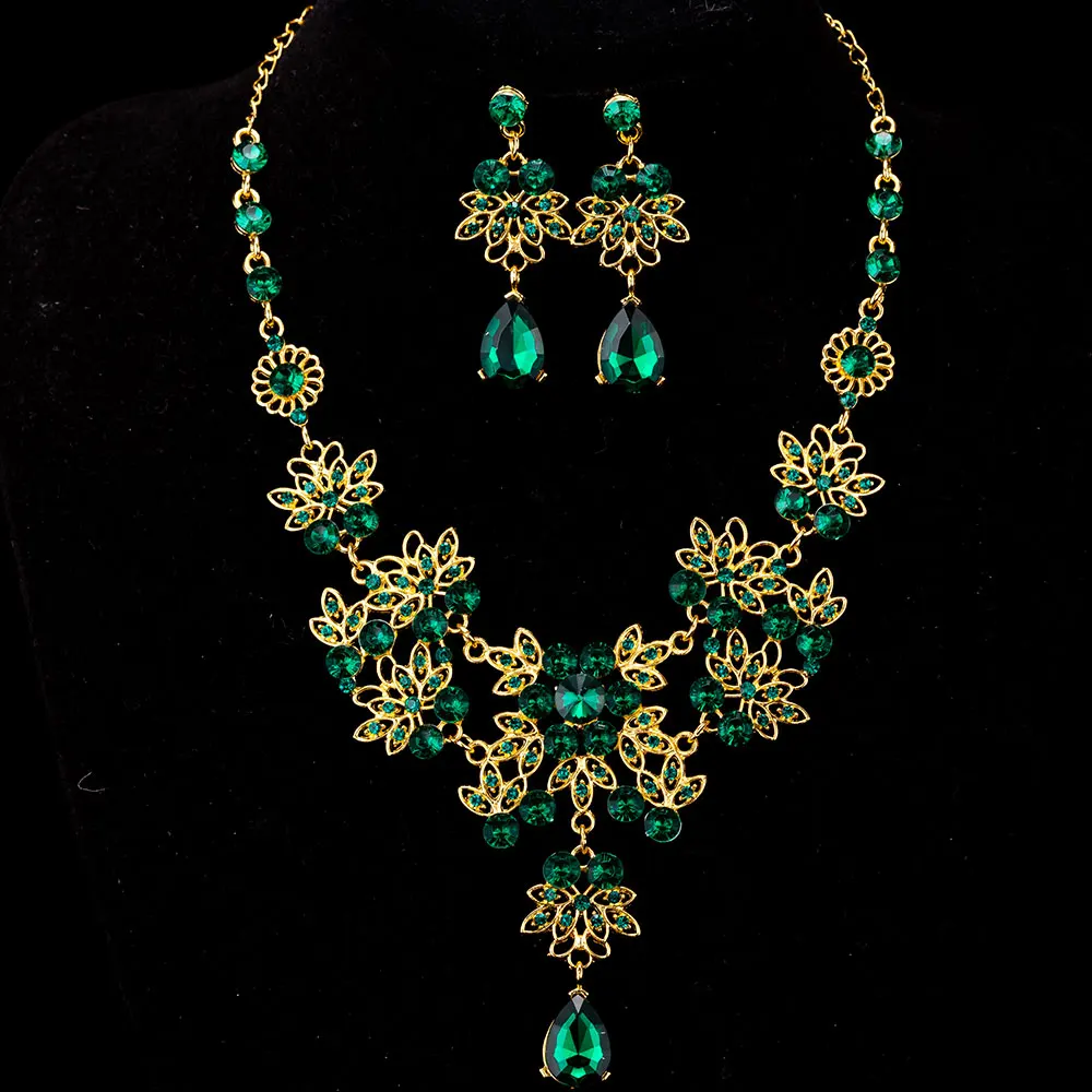 2PCS Green KMVEXO, 3 шт., в стиле барокко, Ретро стиль, золото, Красный Кристалл, Свадебные Ювелирные наборы, стразы, диадемы, корона, ожерелье, серьги, набор, свадебные аксессуары - Окраска металла: 2PCS Green