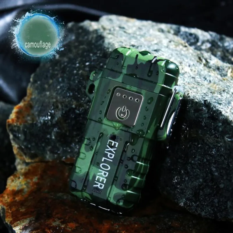 Camouflage Новая водонепроницаемая ветрозащитная зажигалка с зарядкой от USB, двойная дуговая Зажигалка-прикуриватель для наружного кемпинга, спорта, плазменная электронная зажигалка - Цвет: Camouflage