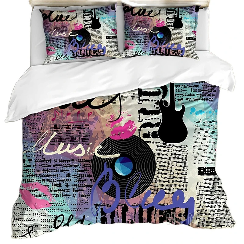 Old Newspaper By Ho Me Lili Duvet Cover Set Retro Blues Music Genre Old Record Electric Guitars Kiss Grunge Decor Bedding
