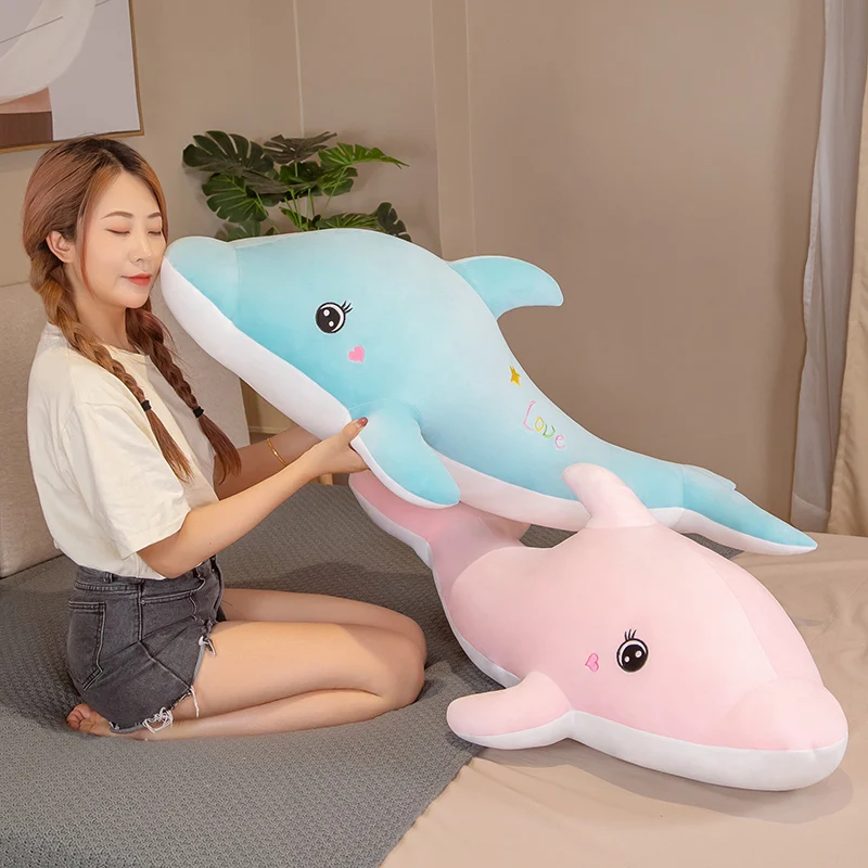 

60~110cm Cute Dolphin Stuffed Doll Love Embroidered Aquatic Anima Short Plush Down Cotton Toy In Pink Blue Children Gift