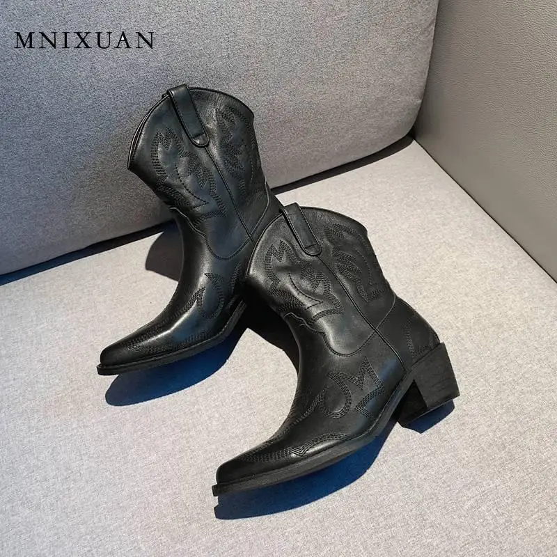 MNIXUAN Women Cowboy Boots women shoes genuine leather western punk shoes Pointed Toe High Heel Ankle Boots Black Booties