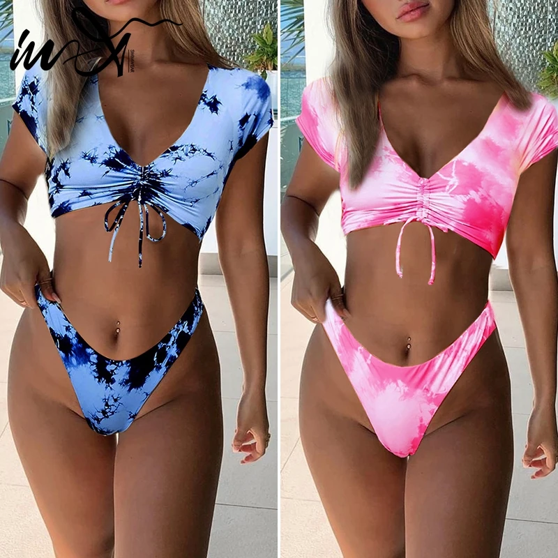 In X сексуальный купальник с v образным вырезом женский короткий рукав укороченный