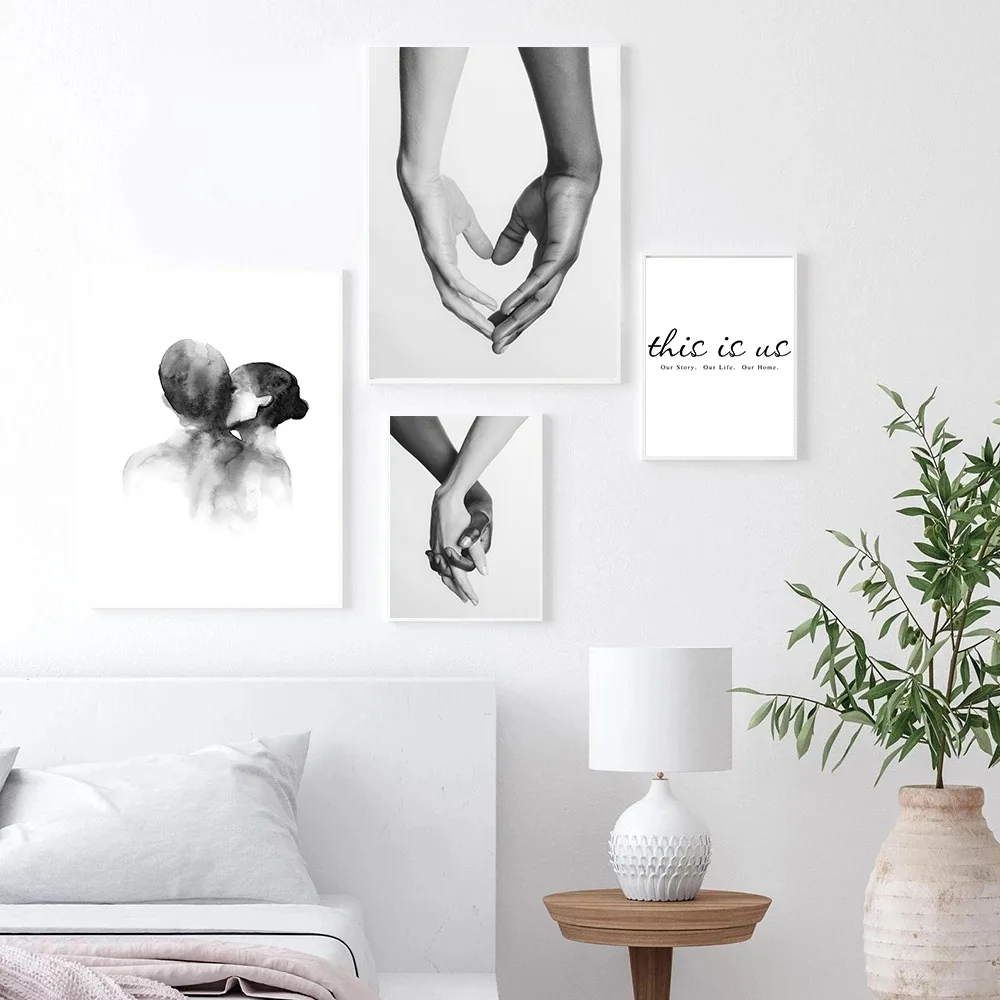 

Black And White Couple Kiss Wall Art Poster Hand In Hand Art Prints Love Quotes Canvas Painting Nordic Picture Living Room Decor