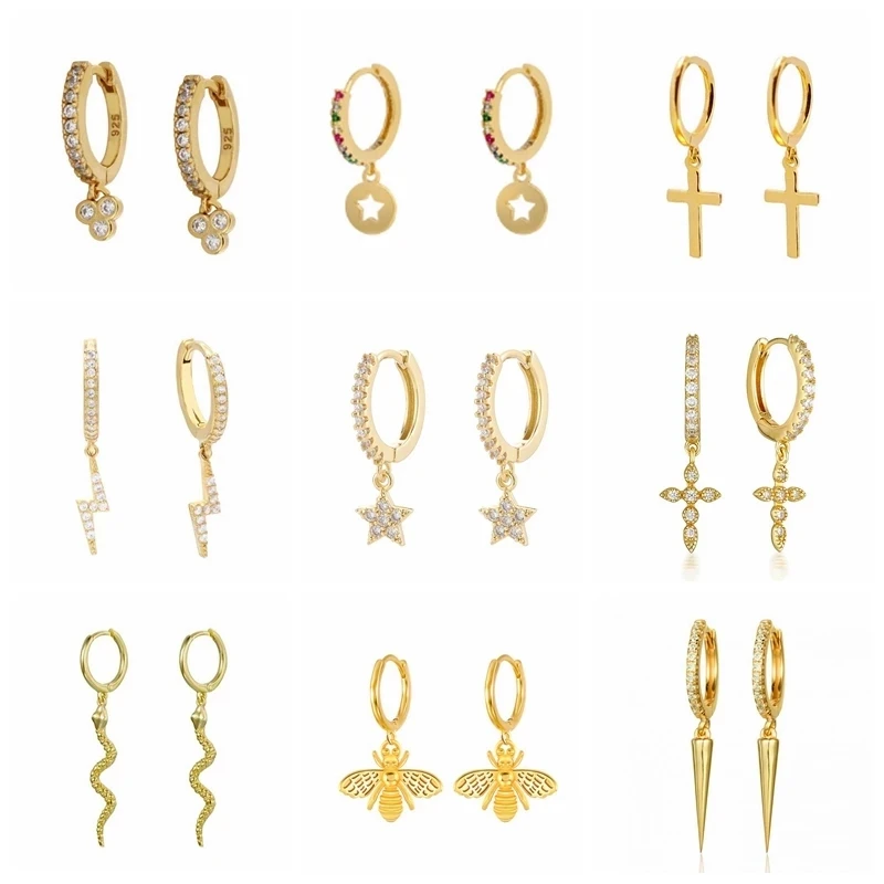 

Aide Gold Color Silver Color Classic Zircon Lightning Star Cross Pendant Hoop Earrings Women Wedding Engagement Party Jewelry