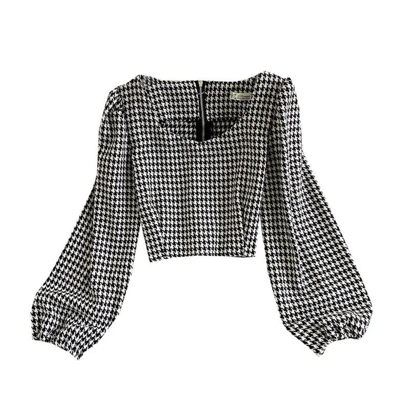 

Autumn Winter New Style Retro Plaid V-neck Woolen Shirt Women's Fashion Slim Short All-match Puff Sleeve Top UK