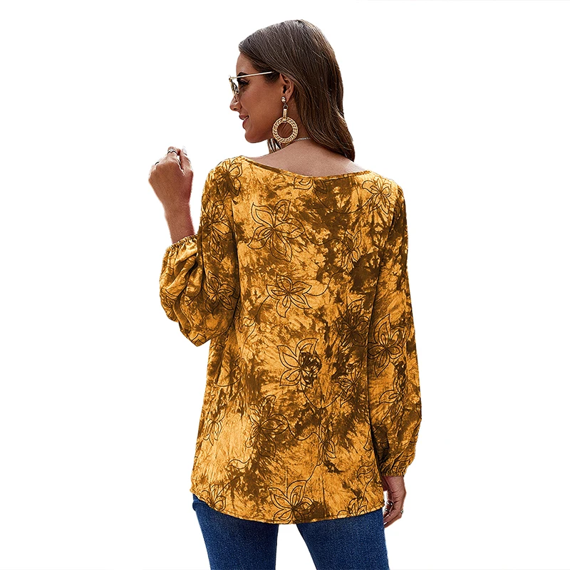 Женские блузки с v-образным вырезом CINESSD синие повседневные длинными рукавами и