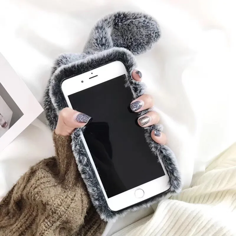 Rabbit Warm fur hair Phone Case for iPhone 11 Pro Max 6 6s 7 8 Plus X 4 4S 5 5S SE Xr Xs Diamond Plush Soft TPU Back Cover |