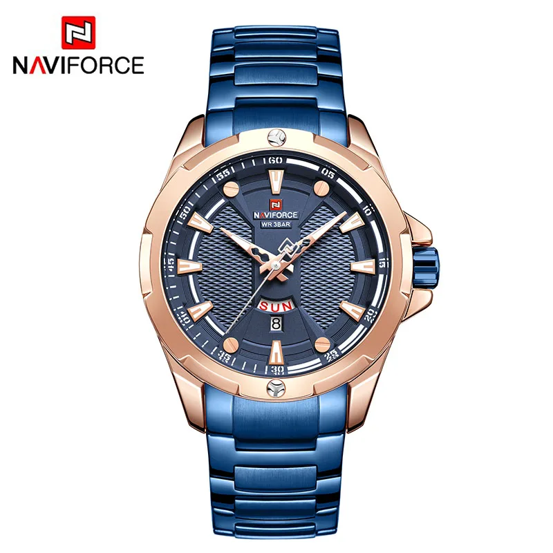 Blue Gold Blue Часы naviforce мужские s Роскошные коричневые мужские часы из нержавеющей стали светящиеся указки мужские часы водонепроницаемый дизайн креативный - Цвет: Blue Gold Blue