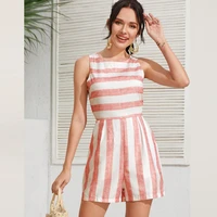 2021 new striped sleeveless jumpsuits women summer casual fashion patchwork pockets slim rompers one piece outfit linen playsuit