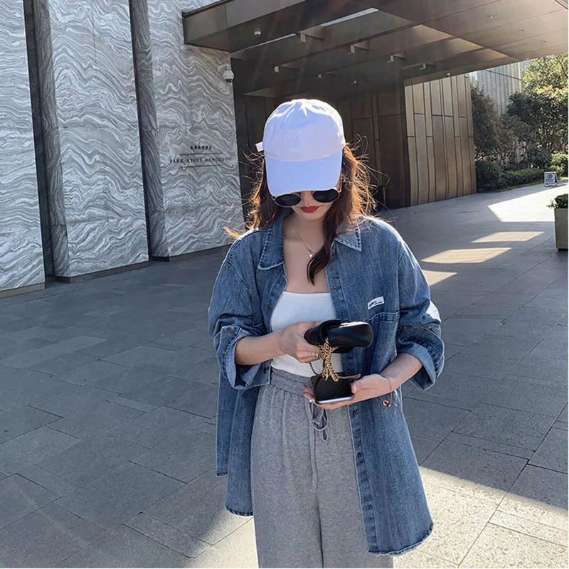 Куртка женская джинсовая однобортная с длинным рукавом винтажный жакет из