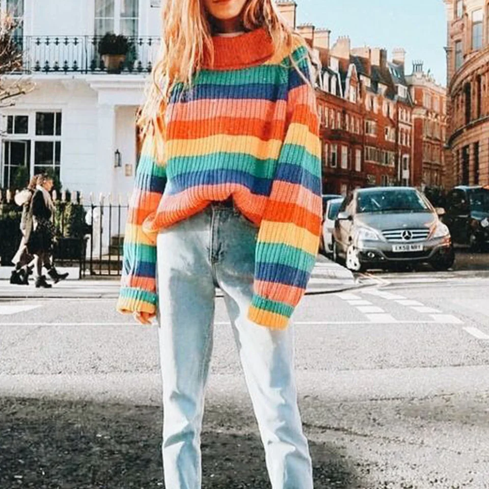 Радуга Полосатый В Полоску Свитер Грубый Вязаный Полувер Водолазка Пыхтеть