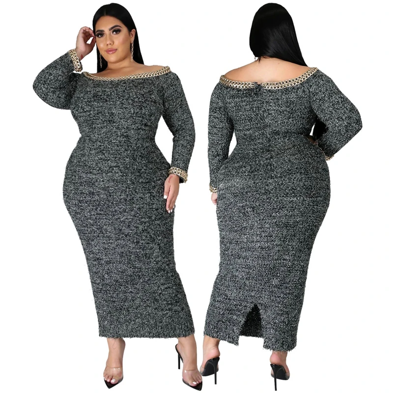 

2021 Plus Size Women's Dress Spring and Autumn Strapless Dress Sexy High Waist Elegant Woolen Velvet Ladies Long Sleeve Dress