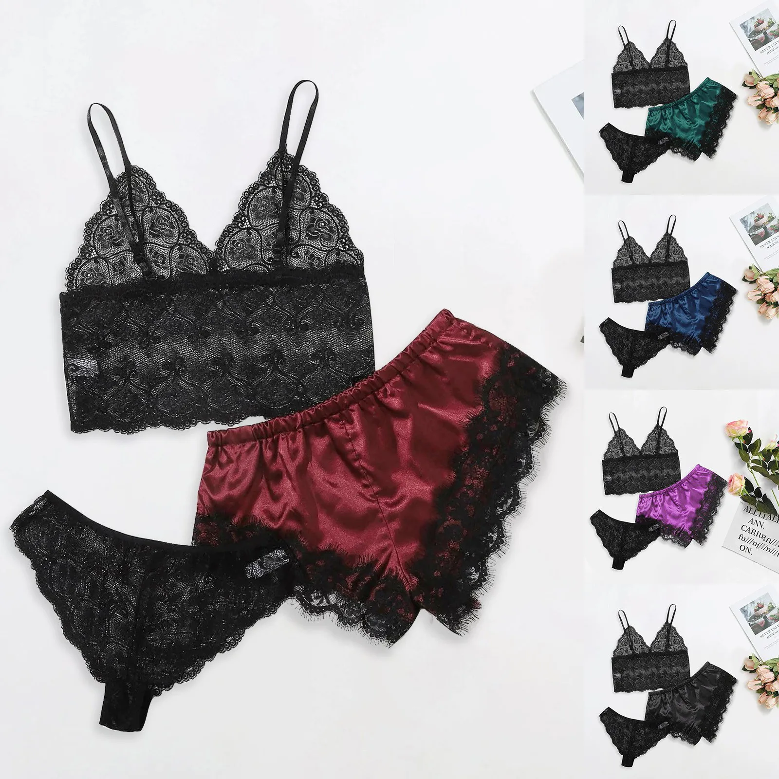 2021 Пижама с кружевами женские пижамы наборы v-образным вырезом стрейч Атлас