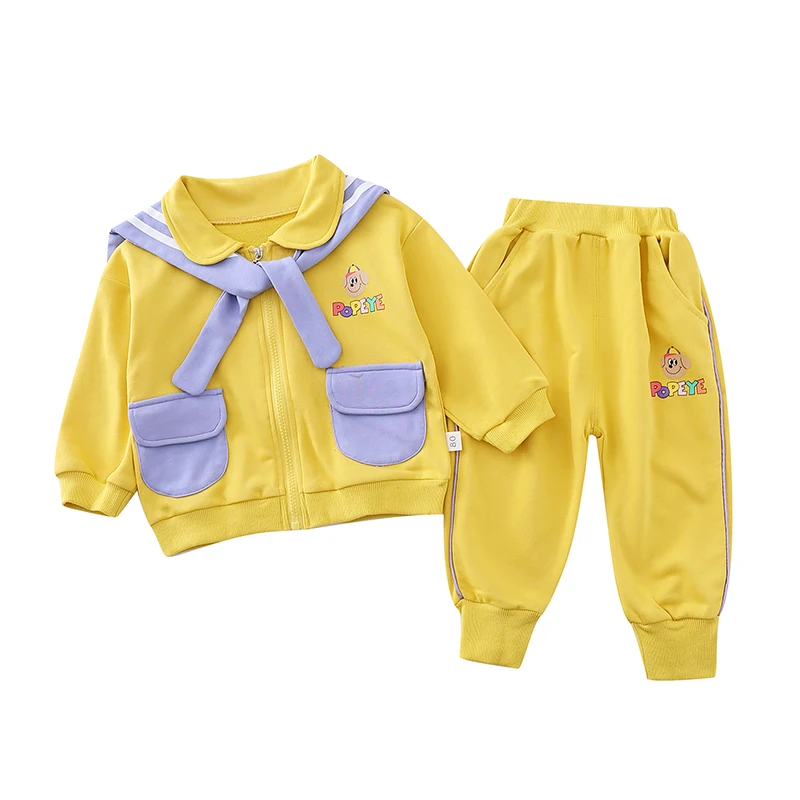 

New Children's Spring and Autumn Suit Shawl Lapel Printed Animal Single Zipper Sweater Three-piece Yellow Trousers 1-5 Years Old