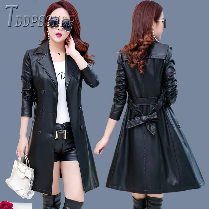 2019 Autumn Pu Leather Women Coat Long Style Waist Strap Female Overcoat