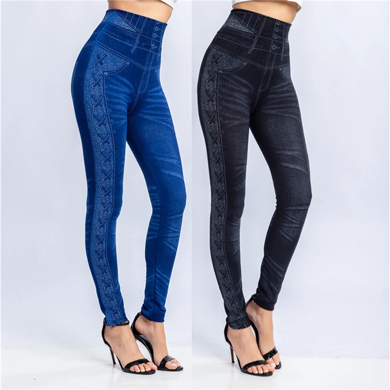 Women Sport Lady Denim Fake Jeans Leggings Jeggings Streth Pants With Pockets Blue Black Slim Leggings Jeans Skinny Trousers
