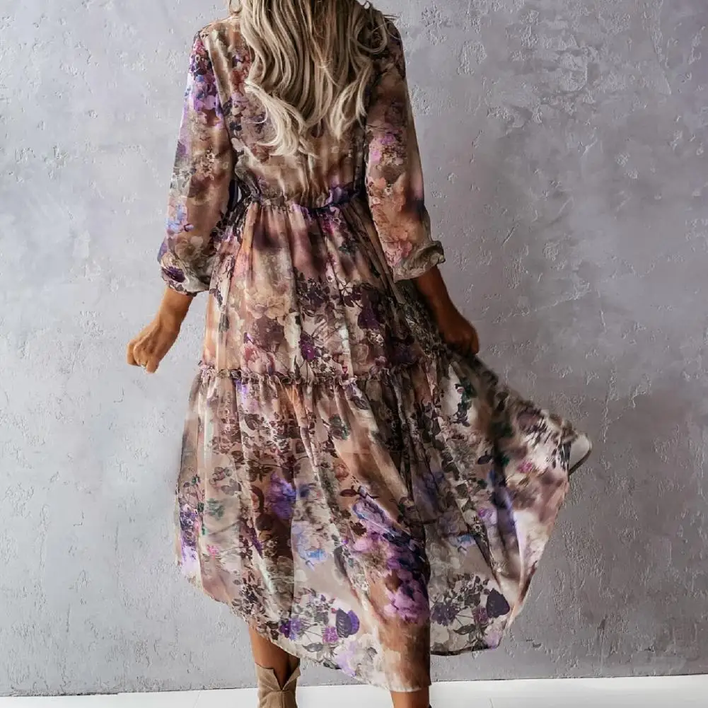 Женское винтажное платье-рубашка с цветочным принтом V-образным вырезом и