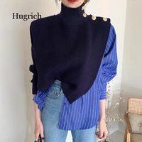 korean 2020 autumn high collar side buttons fake two piece shirt stitching striped bubble sleeve sweater blue women