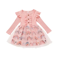 patchwork kids clothes girls dress fly sleeve rainbow print dresses casual knitted princess dress tulle party children vestidos