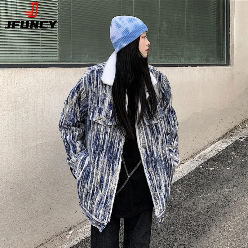 

JFUNCY, Ретро стиль, потертый цвет, уличная одежда, женские флисовые куртки оверсайз, Свободный Топ, зимняя теплая Женская одежда, винтажное Жен...