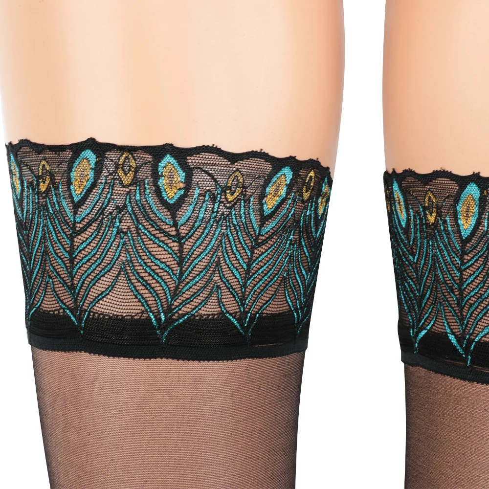 Сексуальные женские колготки Вышивка павлиньи перья высокие чулки до бедра