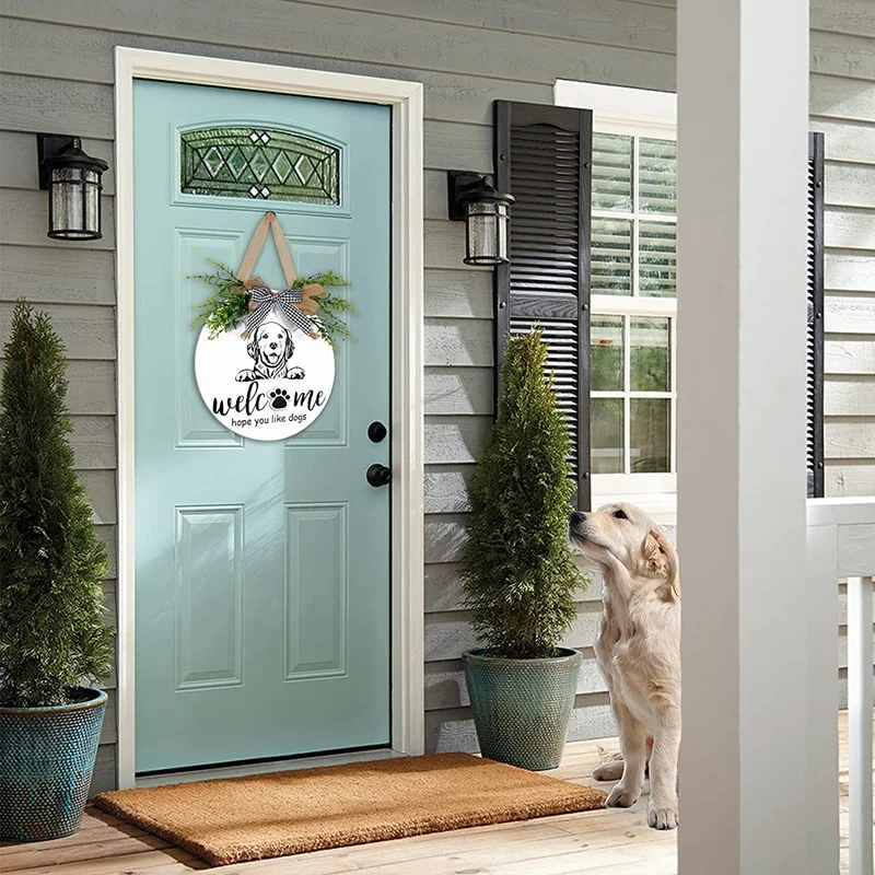 Se&ntilde;al de bienvenida de temporada intercambiable, guirnalda de puerta de madera con lazo para mascotas, colgador de pared, porche, decoraci&oacute;n navide&ntilde;a y festiva-5