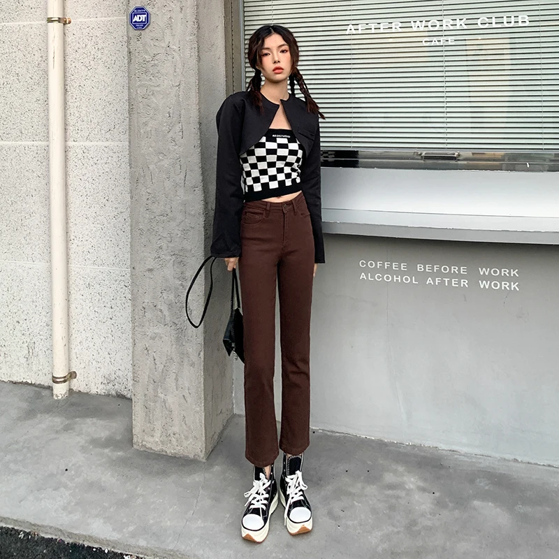 

Super Elastic Cigarette Jeans Spring Season 2022 New High Waist Slim Brown Khaz Straight Pants Women