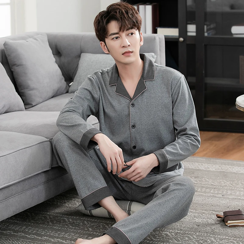 Casual Loose Sleepwear Korean Long Sleeve Cotton Bedroom Autumn Fashion Plus Size Sleepwear Szata Zestawy Men's Sleep DB60SY