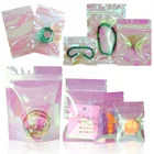 Розовые стоячие голографические пакеты на молнии, плоские пакеты, маленькие лазерные пакеты с застежкой-молнией, пластиковые пакеты для косметических украшений, 10 шт.